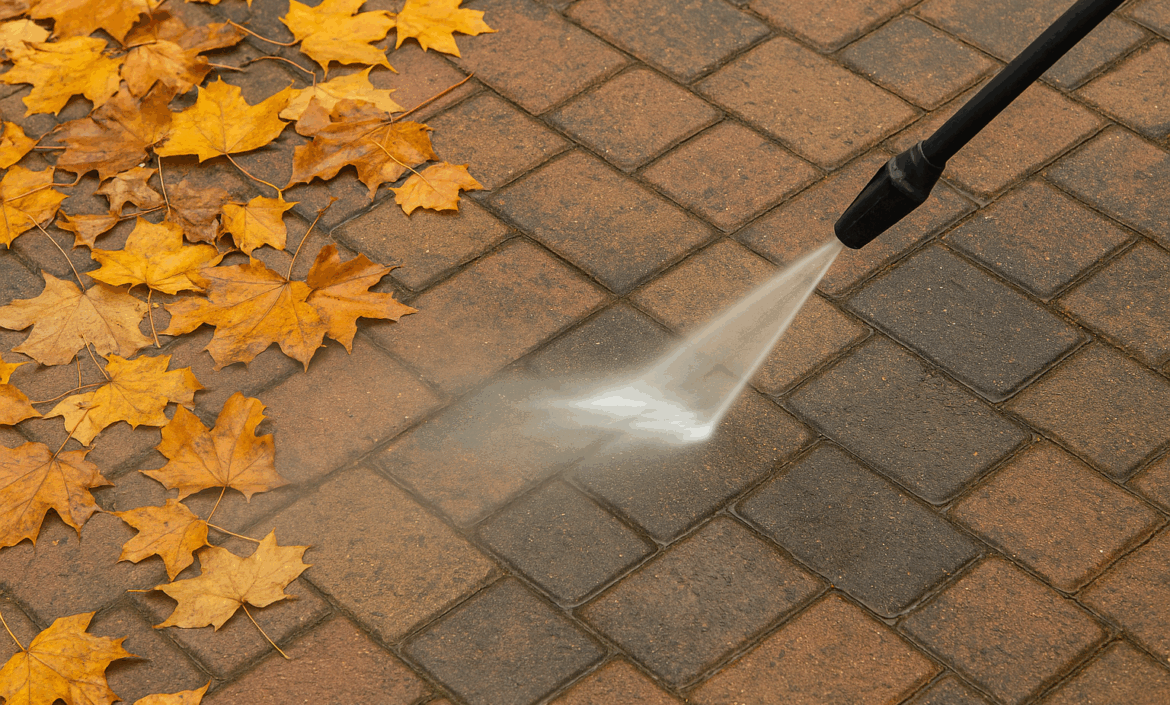 mycie kostki brukowej jesienią