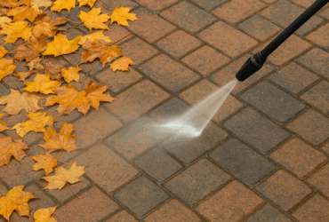 mycie kostki brukowej jesienią
